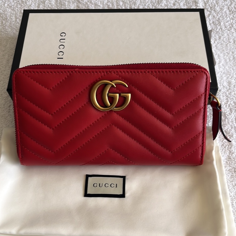 Gucci Calfskin Matelasse GG Marmont Zip Around Wallet Hibiscus Red - Picture 3 of 16